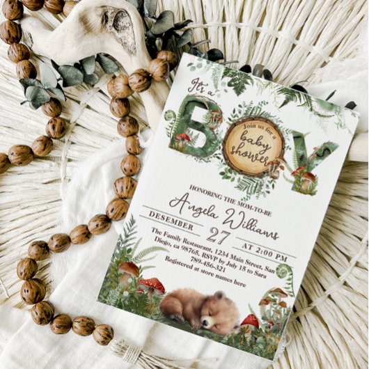 Adventure Woodland Mushroom Fern Baby Boy Dusche Einladung