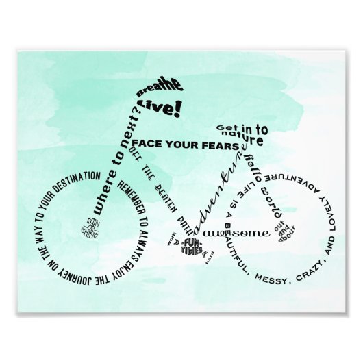 Adventure Word Art Bicycle über Aquarell Fotodruck (Vorne)