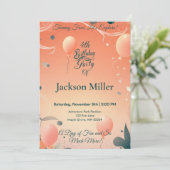 Adventurol Ballon Geburtstag Einladung mit Niedlic (Stehend Vorderseite)