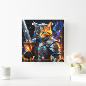 Adventurous Katzenritter mit Schwert Quadratische Wanduhr (Zuhause)