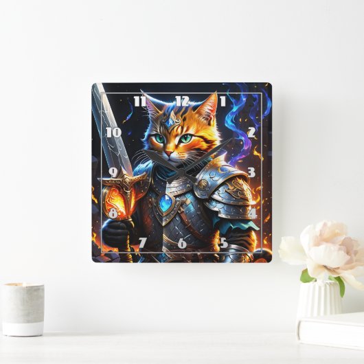 Adventurous Katzenritter mit Schwert Quadratische Wanduhr (Zuhause)