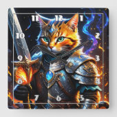 Adventurous Katzenritter mit Schwert Quadratische Wanduhr (Vorderseite)