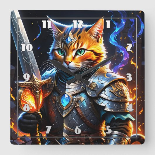 Adventurous Katzenritter mit Schwert Quadratische Wanduhr (Vorderseite)