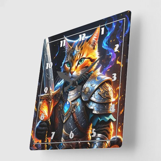 Adventurous Katzenritter mit Schwert Quadratische Wanduhr (Winkel)