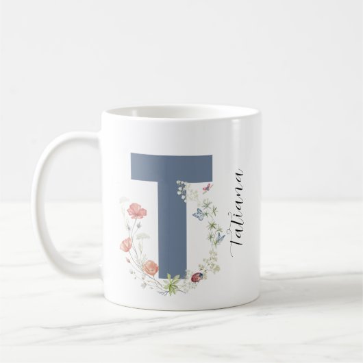 Aesfarbener Blumenbrief T Monogramm Kaffeetasse (Links)