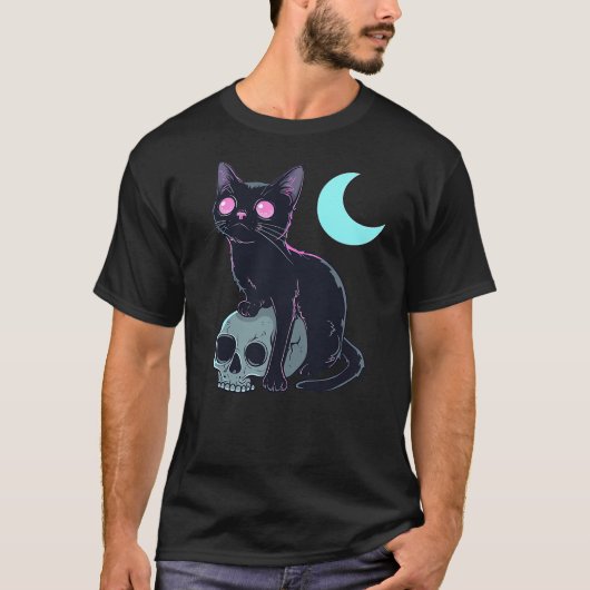 Aesthetic Anime Pastel Goth Witchy Cat With Skull T-Shirt (Vorderseite)