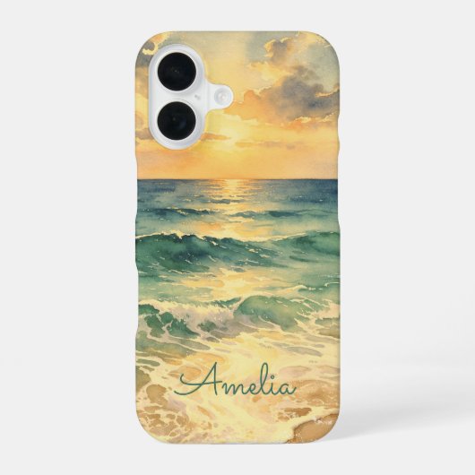 Aesthetic Beach Sunset Watercolor Custom Name iPhone 16 Hülle (Rückseite)