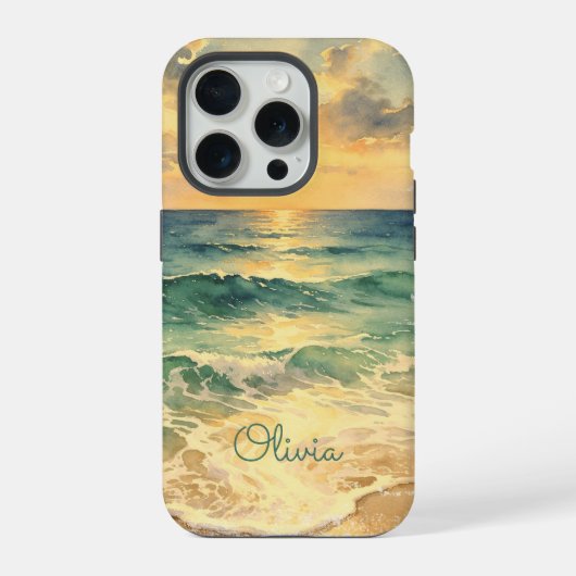 Aesthetic Beach Sunset Watercolor Custom Name iPhone Hülle (Rückseite)