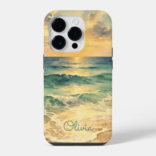 Aesthetic Beach Sunset Watercolor Custom Name iPhone Hülle (Rückseite)