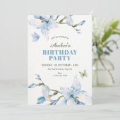 Aesthetic blue flower bloom birthday einladung (Stehend Vorderseite)