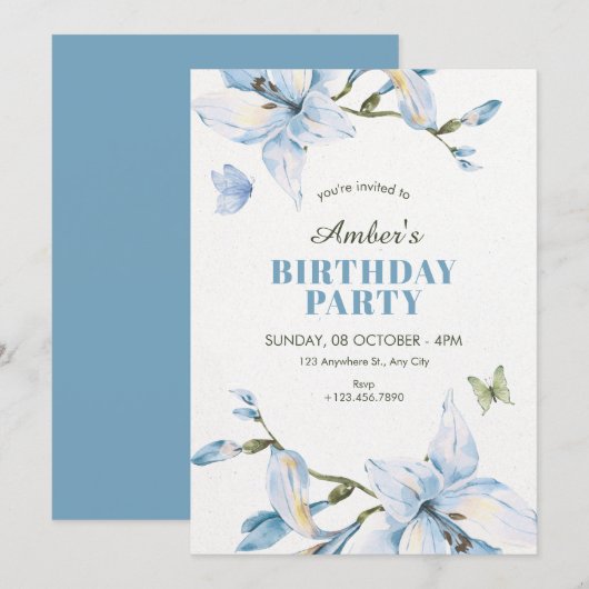 Aesthetic blue flower bloom birthday einladung (Vorne/Hinten)