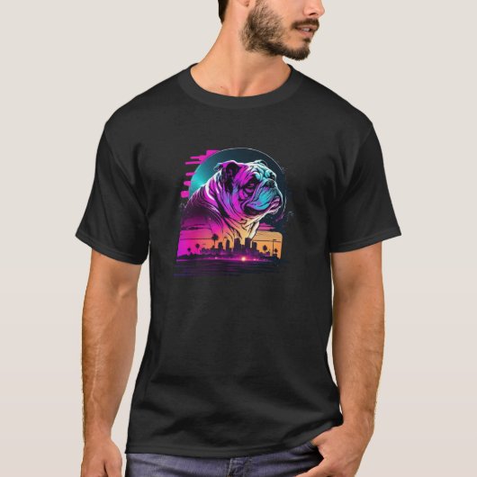Aesthetic Bulldog Party with 80s Retrowave T-Shirt (Vorderseite)
