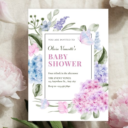 Aesthetic Floral hydrangea baby shower Einladung