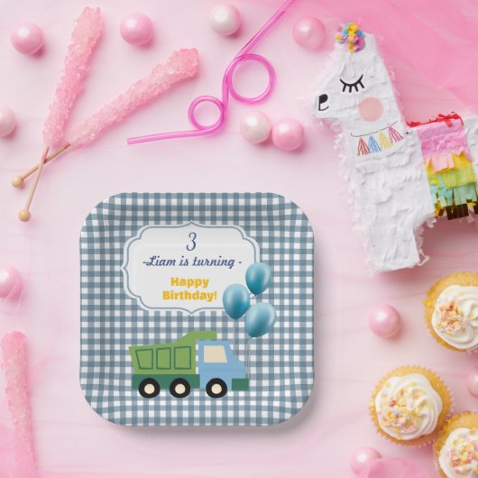 Aesthetic Gingham Blue Construction 3rd Birthday Pappteller (Party)