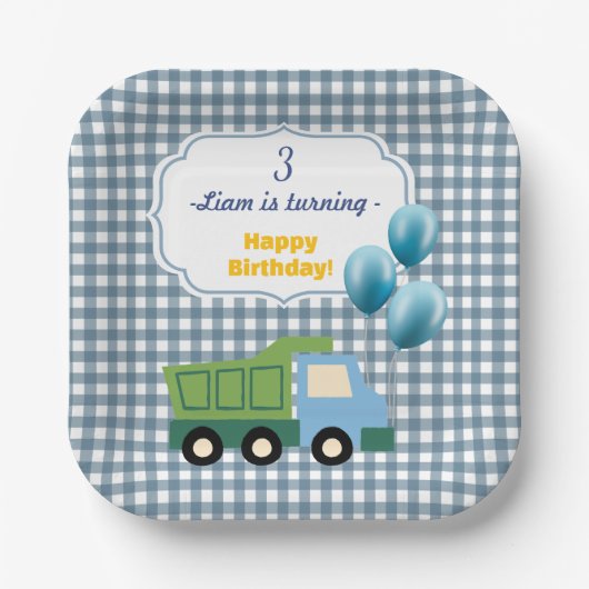 Aesthetic Gingham Blue Construction 3rd Birthday Pappteller (Vorderseite)
