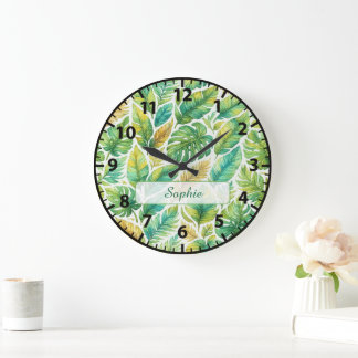 Aesthetic Green Tropical Leaves Custom Name  Große Wanduhr