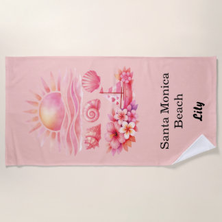 Aesthetic Pink Beach Sunset Watercolor Strandtuch