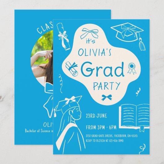 Aesthetic Whimsical Hand Drawn Graduation Party Einladung (Vorne/Hinten)
