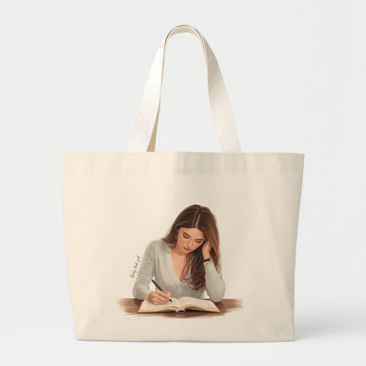Aesthetic Woman Writing Illustration Tote Bag Jumbo Stoffbeutel (Vorne)