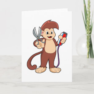 Affe als Friseur mit Schere und Rasiermesser Karte