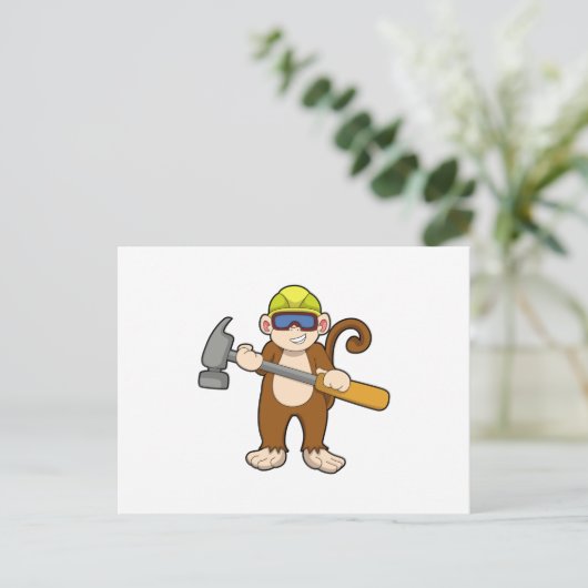 Affe als Handwerker mit Hammer Postkarte (Stehend Vorderseite)