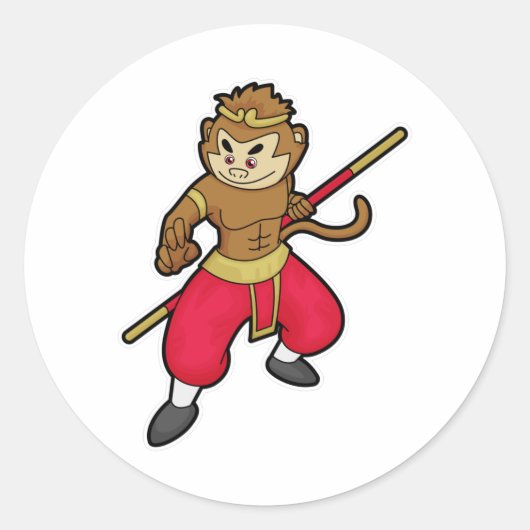 Affe als Krieger mit Stab & Headband Runder Aufkleber (Vorderseite)