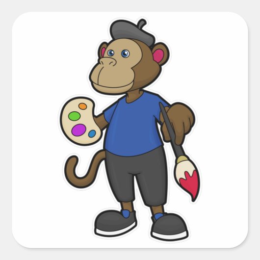 Affe als Maler mit Pinsel und Pinsel Quadratischer Aufkleber (Vorderseite)