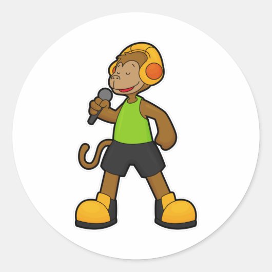 Affe als Sänger mit Mikrofon und Kopfhörer Runder Aufkleber (Vorderseite)