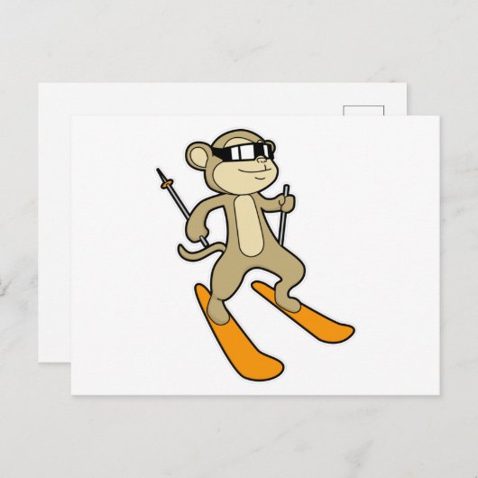 Affe als Skifahrer mit Ski Postkarte (Vorne/Hinten)