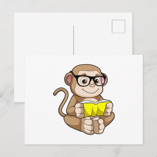 Affe als Student mit Brille & Buch Postkarte (Vorne/Hinten)