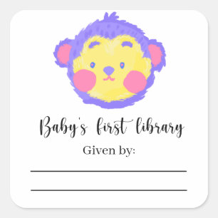 Affe - Baby Shower Buchschild, Bücher für Baby Quadratischer Aufkleber