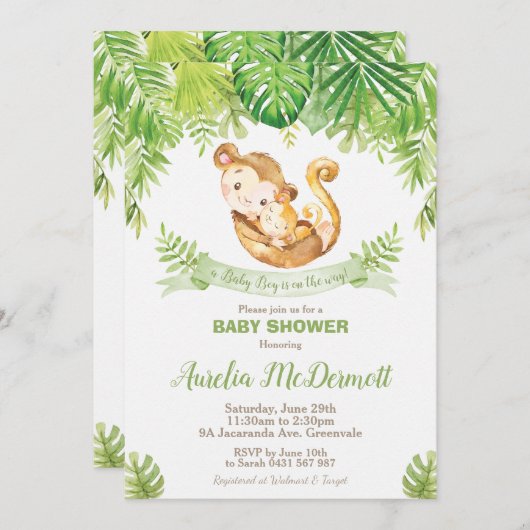 Affe Baby Shower Jungle Animals Baby Boy Einladung (Vorne/Hinten)