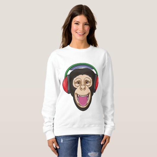 Affe bei Musik mit Headphone Sweatshirt (Vorne ganz)