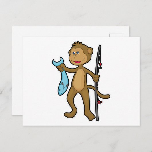 Affe beim Angeln mit Angelrute & Fisch Postkarte (Vorne/Hinten)