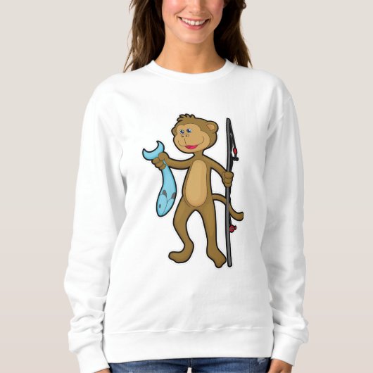 Affe beim Angeln mit Angelrute & Fisch Sweatshirt (Vorderseite)