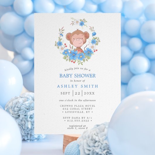 Affe Blue Floral Boy Baby Dusche Einladung