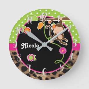 Affe & Blumen Rosa Grün Safari Chic Maßgeschneider Runde Wanduhr
