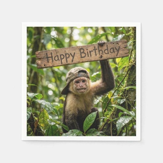 Affe hält ein Happy Birthday Schild Serviette (Vorderseite)