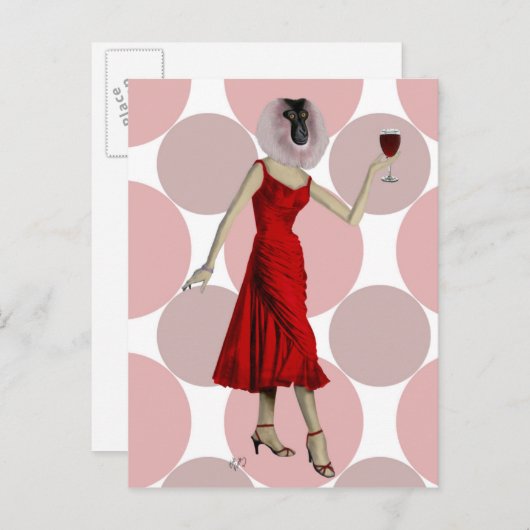 Affe im Roten Kleid mit Wein Postkarte (Vorne/Hinten)