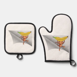 Affe mit Banane unter dem Pflaster Ofenhandschuh & Topflappen-Set
