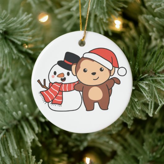 Affe mit Schneemann im Winter für Weihnachten Cera Keramik Ornament (Baum)