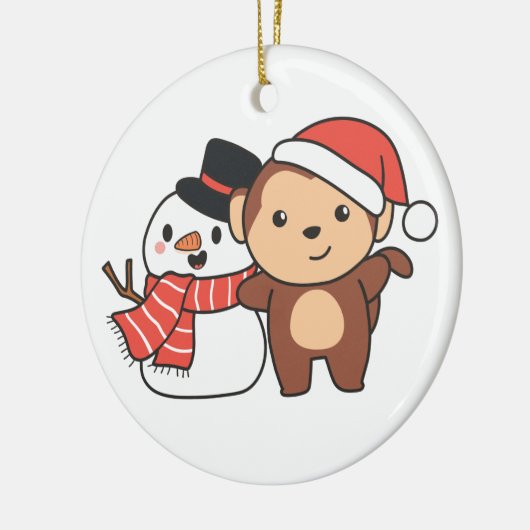 Affe mit Schneemann im Winter für Weihnachten Cera Keramik Ornament (Links)