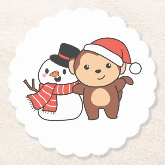 Affe mit Schneemann im Winter zu Weihnachten Untersetzer (Vorderseite)