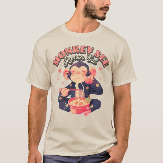 Affe Ramen essen niedlichen Retro-Affen T-Shirt (Vorderseite)