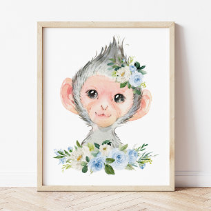 Affe, Safari, Dschungel, Blaue Blumen, Jungen-Kind Poster