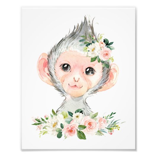 Affe, Safari, Dschungel, rosa Blume, Girl-Kinderzi Fotodruck (Vorne)