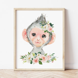 Affe, Safari, Dschungel, rosa Blume, Girl-Kinderzi Fotodruck
