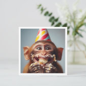 Affe schlägt Kuchen Geburtstag, Affen Einladung (Stehend Vorderseite)