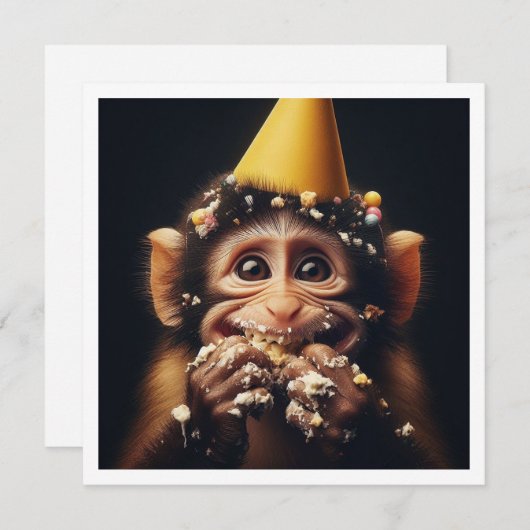 Affe schlägt Kuchen Geburtstag, Affen Einladung (Vorne/Hinten)