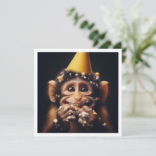 Affe schlägt Kuchen Geburtstag, Affen Einladung (Stehend Vorderseite)